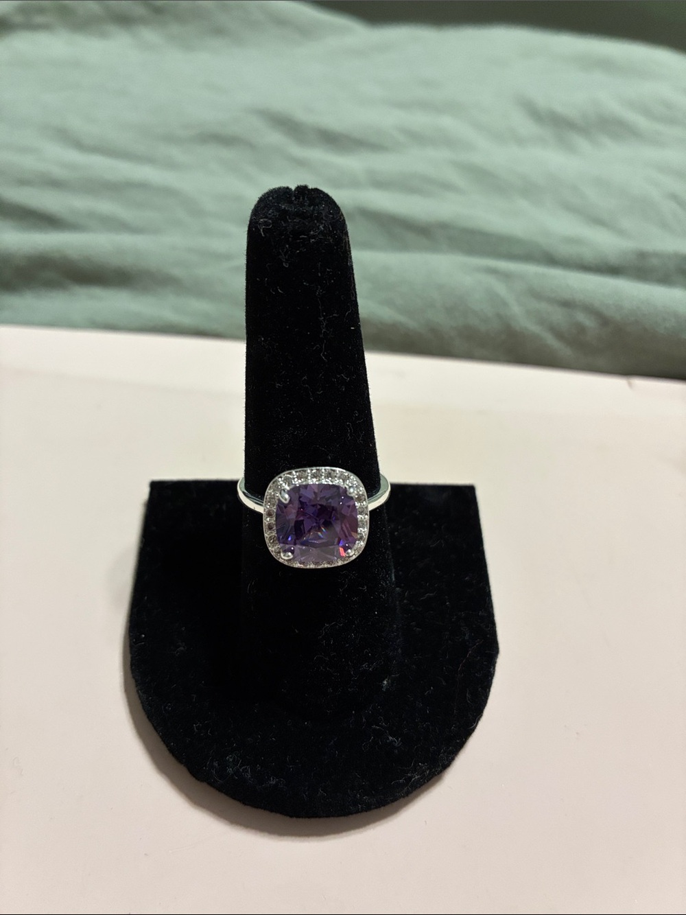 Silver tone Cushion-Cut Purple Gem Halo Ring